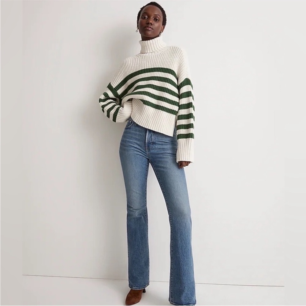 Madewell Wide Rib Stripe Turtleneck Sweater Cream/Green XL